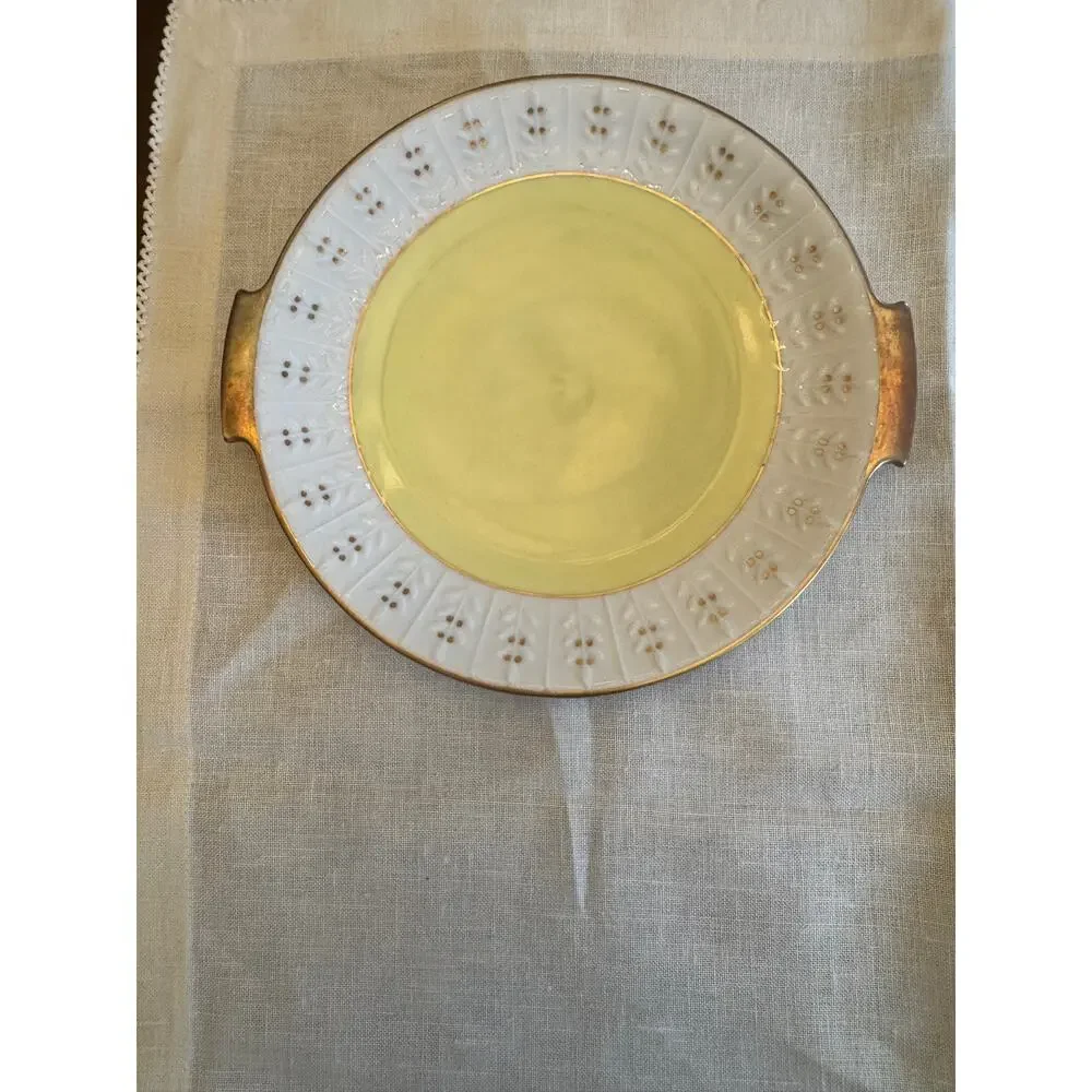 Vintage Wunsiedel Bavaria Yellow Cake Plate Embossed  Border Gold Trim 8.5